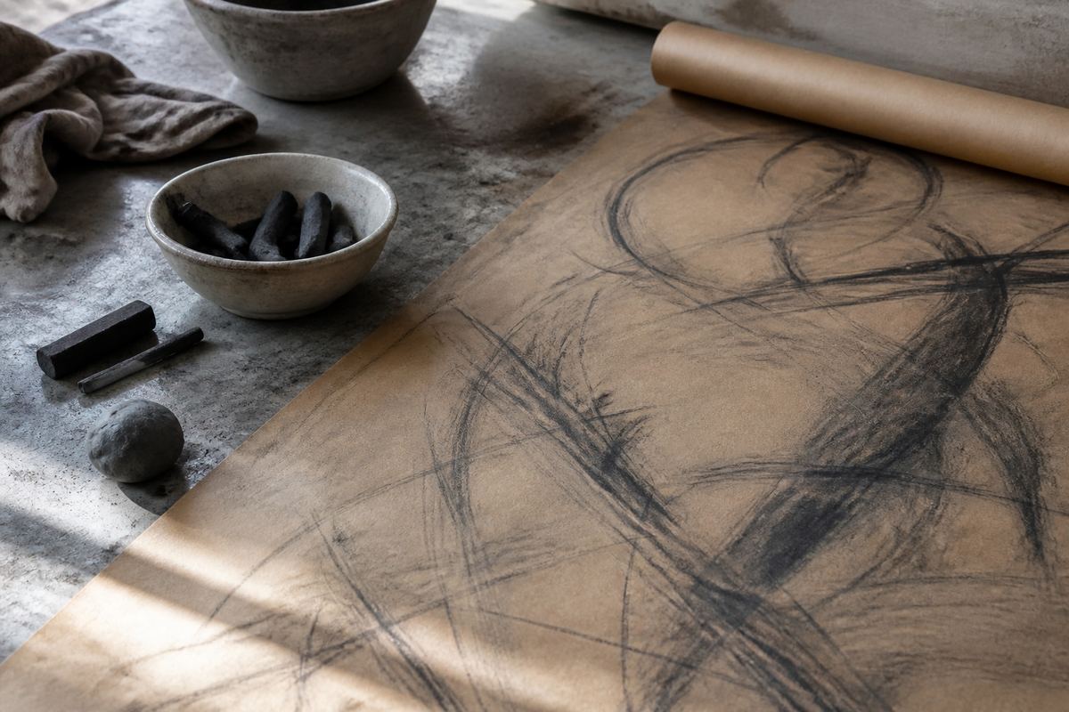 Charcoal and drawing tools on a studio desk at Numertypho