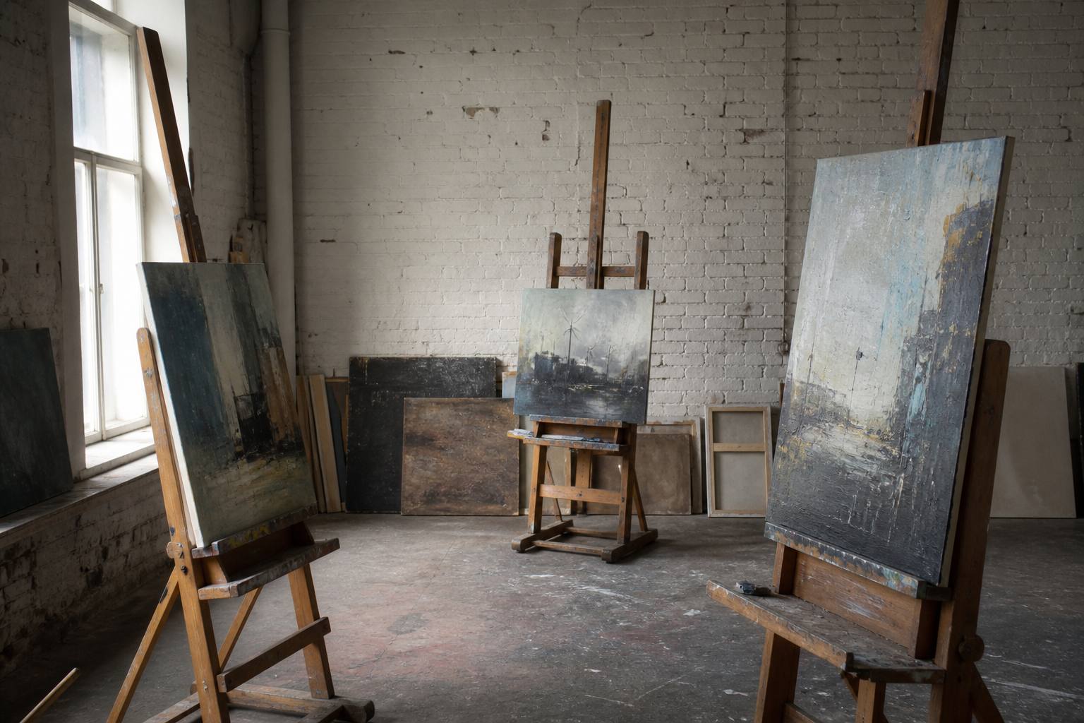 Wooden easels with abstract canvases in a bright loft studio