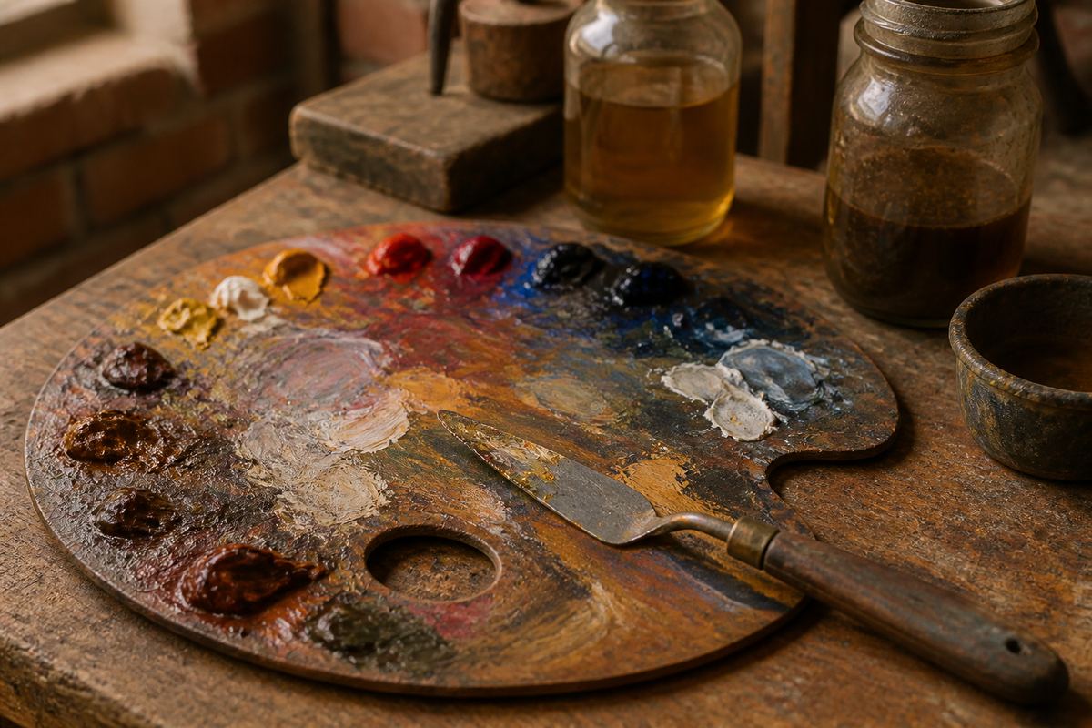 Wooden palette with mixed oil paints and a palette knife