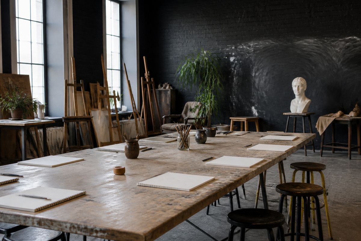 Long sketch table with sketchbooks and pencils ready for class