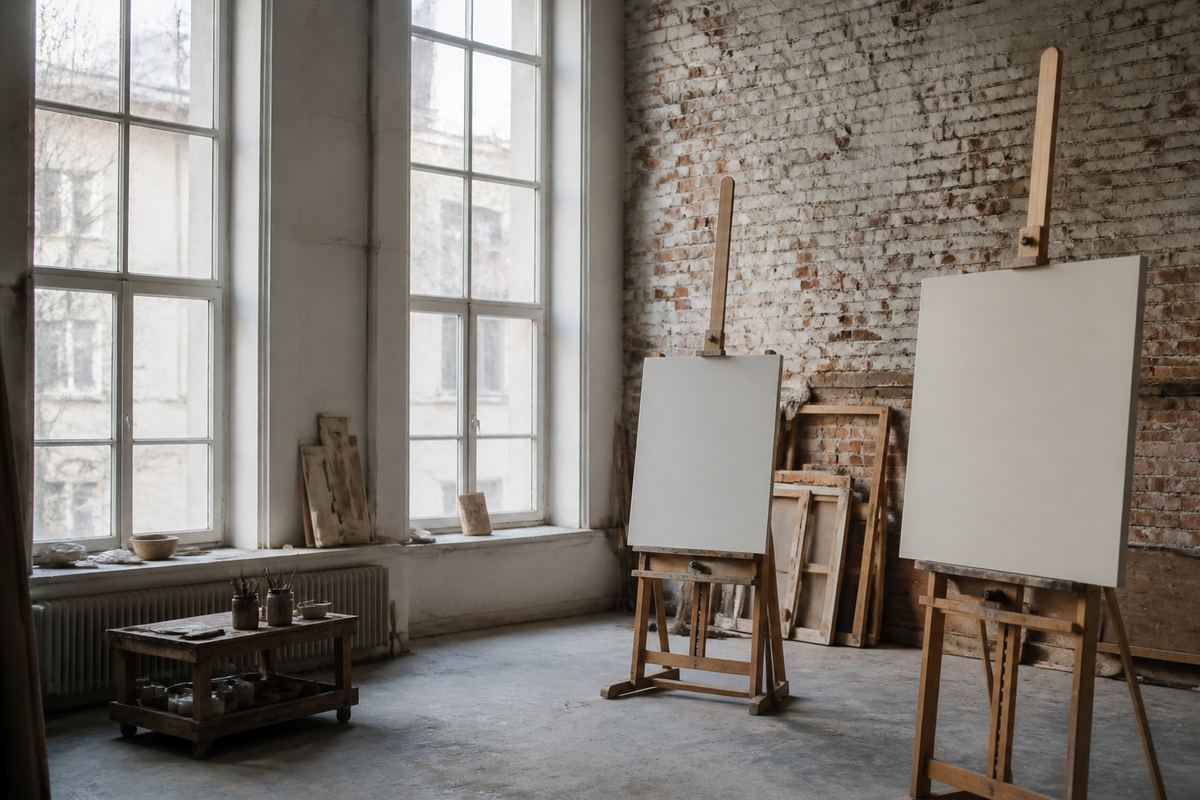 Row of wooden easels near tall studio windows